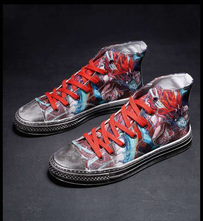 Dragon Nine Sons High Street Men's Sneakers with Calligraphy Artwork - Dragon Boat Festival Inspired Canvas Shoes
