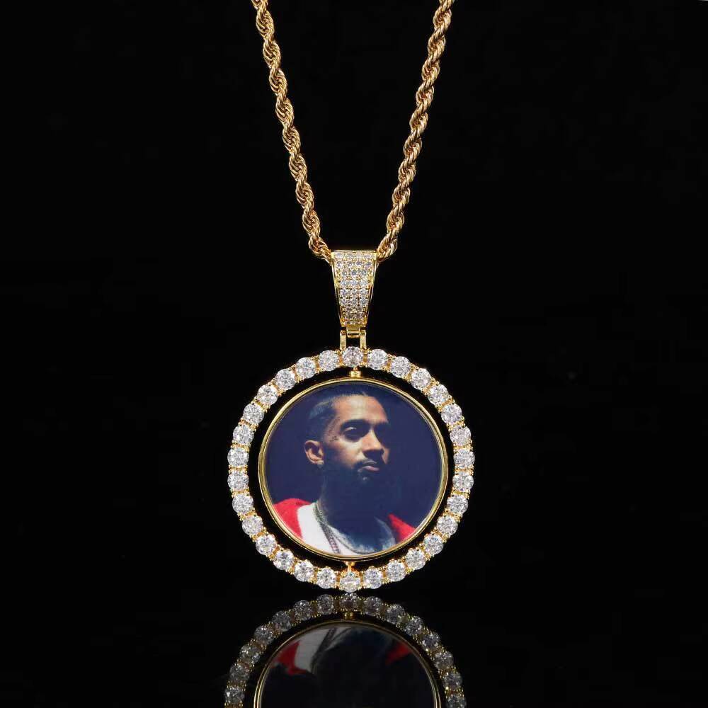 Fashion Hip Hop Memory Brass Zircon Rotatable Double Sided Circular Photo Pendant