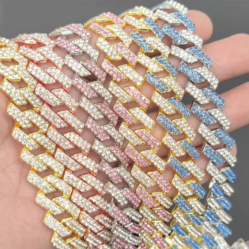 New Fashion Hip Hop 15mm Pink Diamonds Cuban Chain Gold Plated Zinc Alloy Cuban Link Chain Necklace for Men Jewelry Necklace