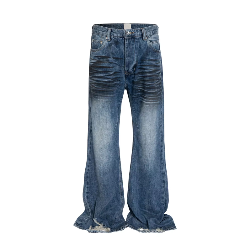 MIJKO High Street Frayed Washed Blue Dirty Flare Jeans Pants for Men and Women Ripped Damaged Casual Boot Cut Oversize Denim Trousers