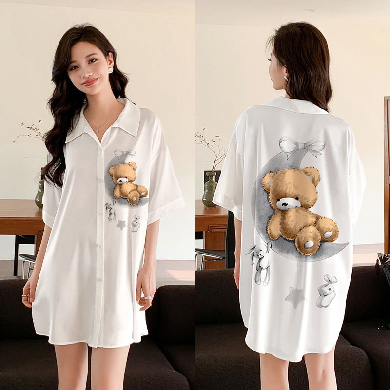 Outfits For Woman New style ice silk cardigan with turned-up collar nightgown for women loose silk home clothes