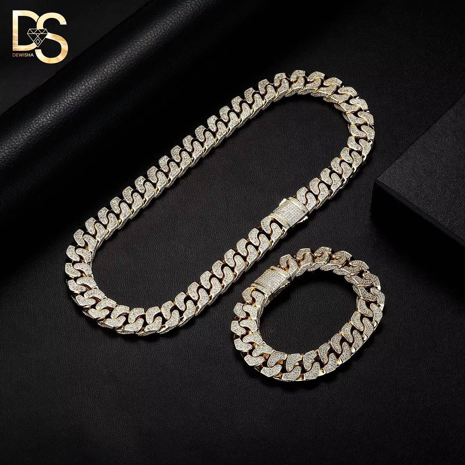 Wholesale14mm Width 14k Gold Plated Copper Zircon 3D Cuban Chain Hiphop Men Bracelet Necklace