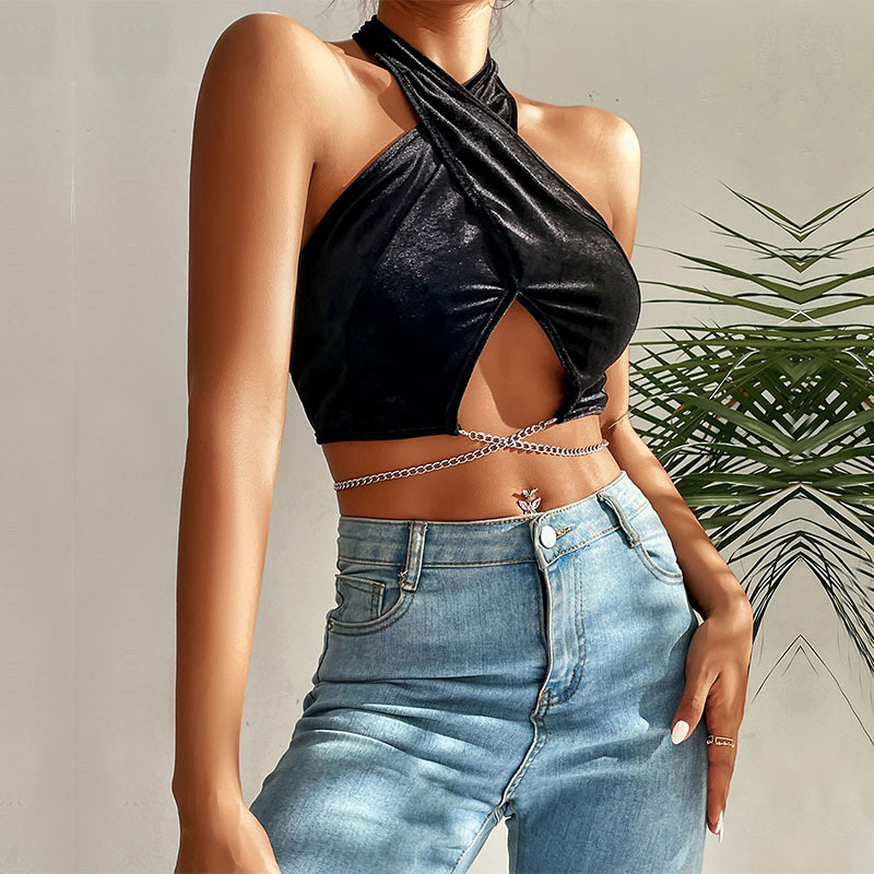 DW50010 Women's Tanks Camis Summer European and American Neck Hanging Vest Solid Color Sexy Women's Clothing Polyester Velvet Chain