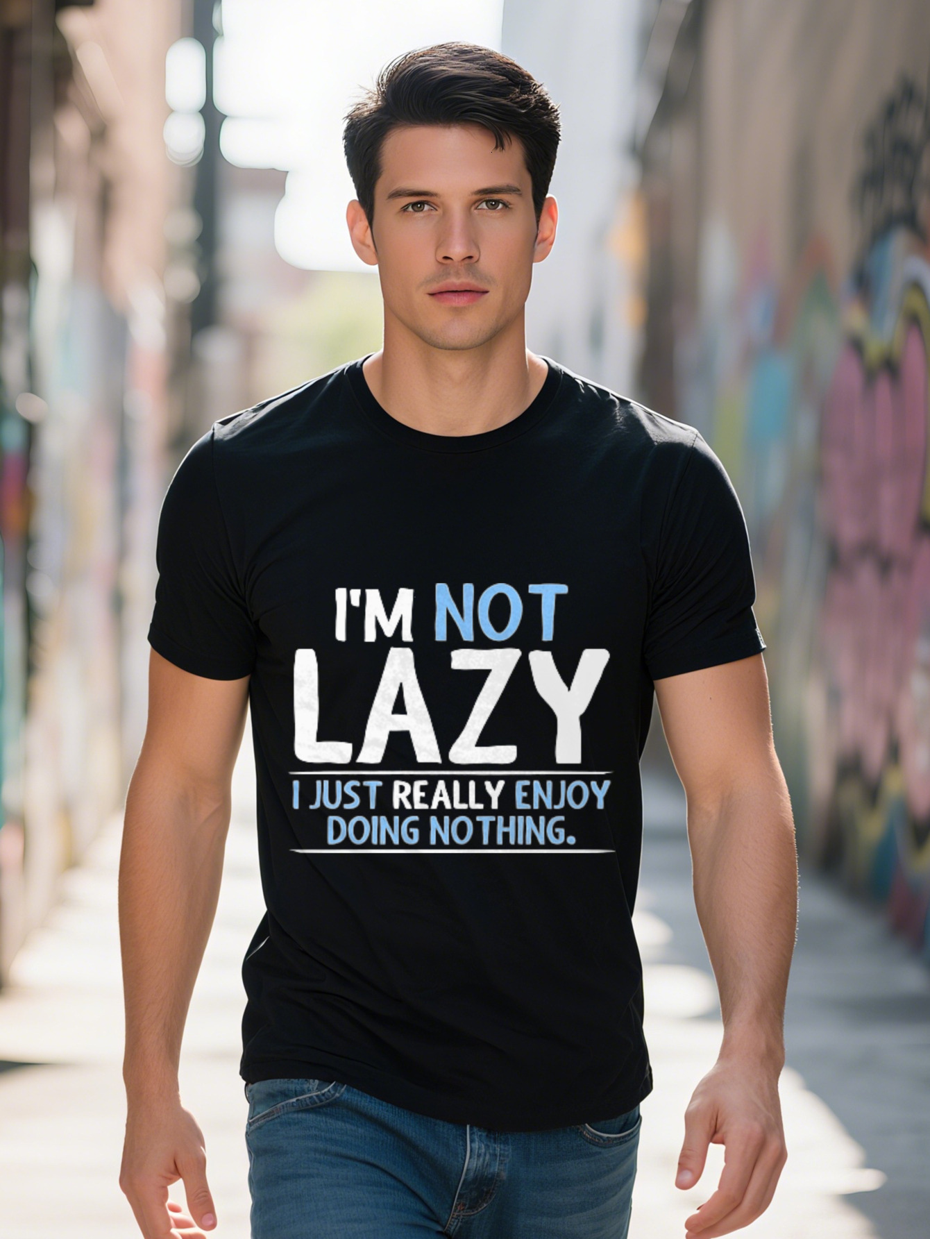 Funny Not Lazy Graphic T Shirt Men Cotton Short Sleeve Tee Sarcastic Message Black with Blue Lettering