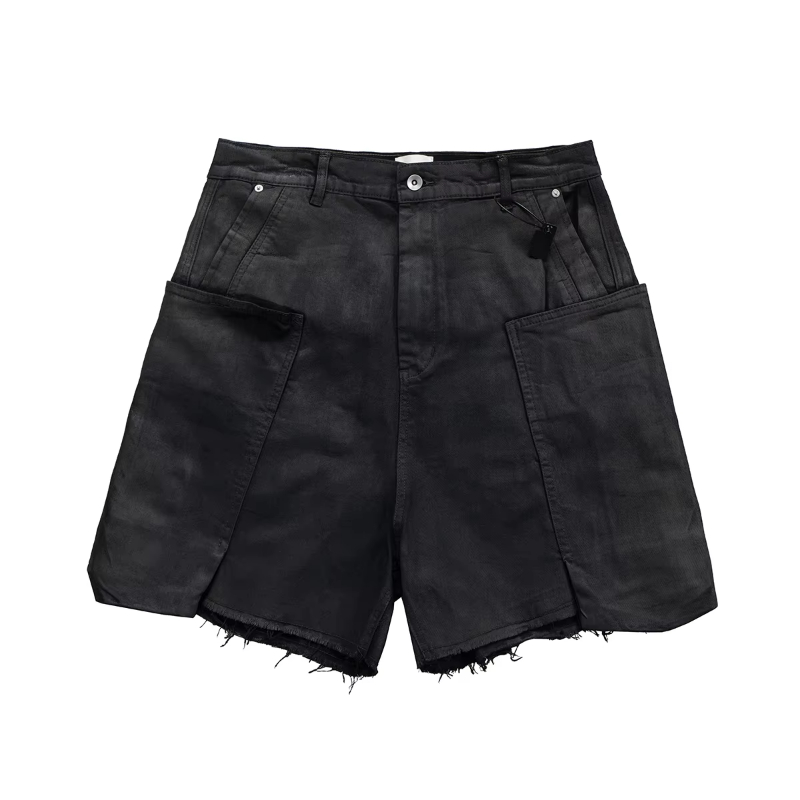 MIJKO Streetwear New Summer Brush Wax Coated Denim Shorts with Rough Edges Mens Vintage Black Frayed Baggy Jeans Oversized Loose Short