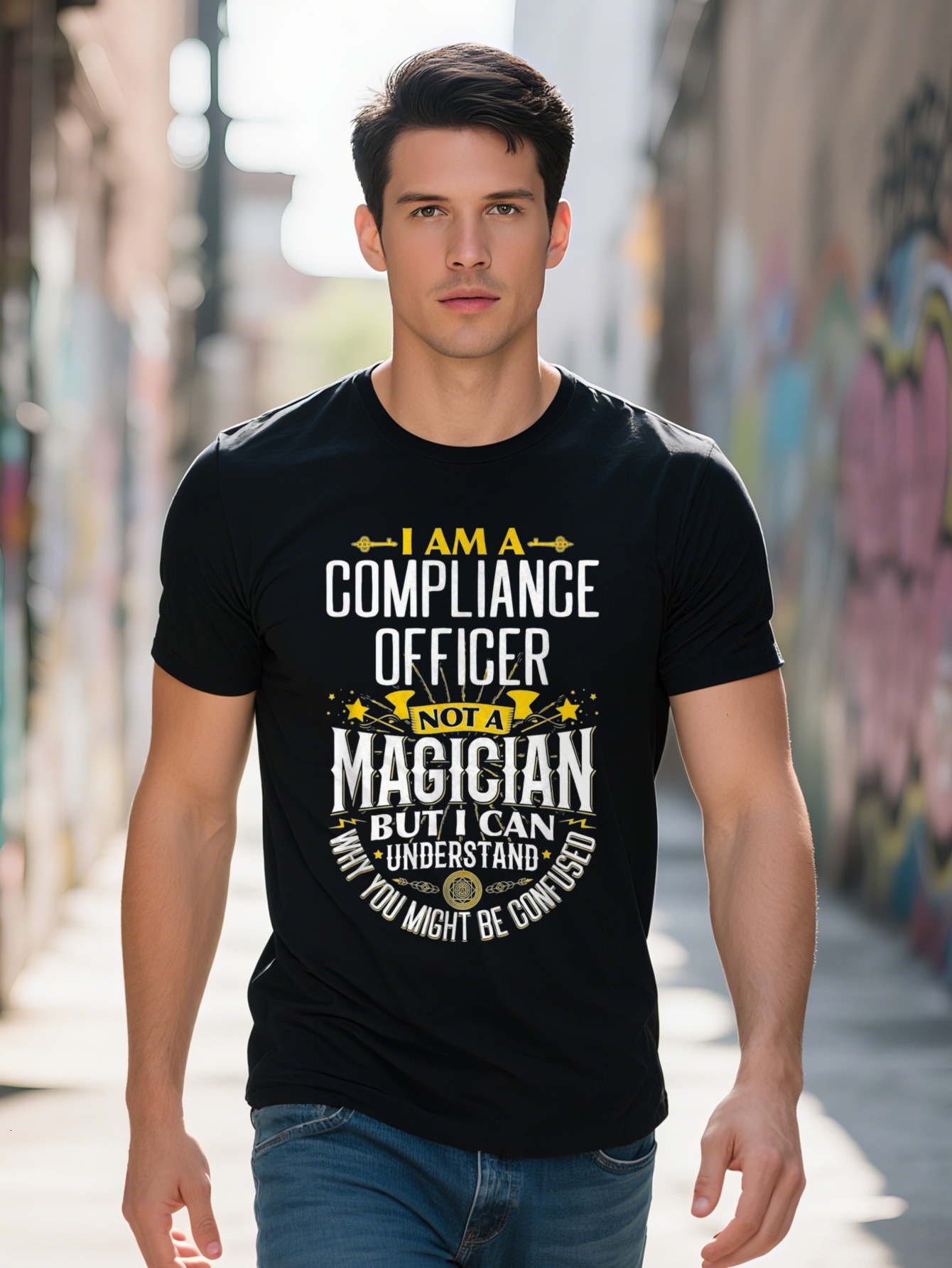Men s g Cotton T Shirt Funny Compliance Officer Graphic with Not a Magician Slogan Stars Black Short Sleeve