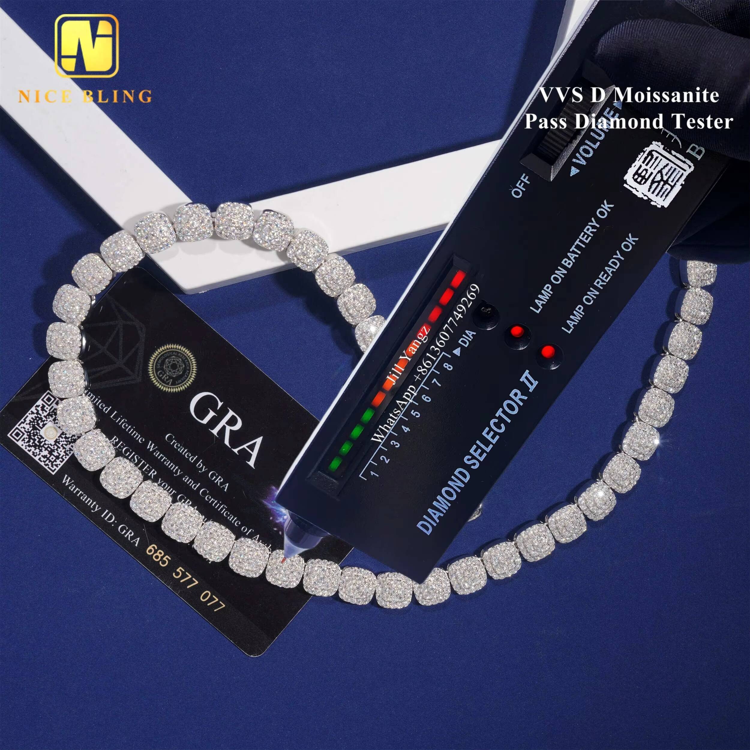 9mm Square Shape Cuban Link Chain Moissanite 925 Silver Moissanite Cuban Bracelet Hip Hop Rock