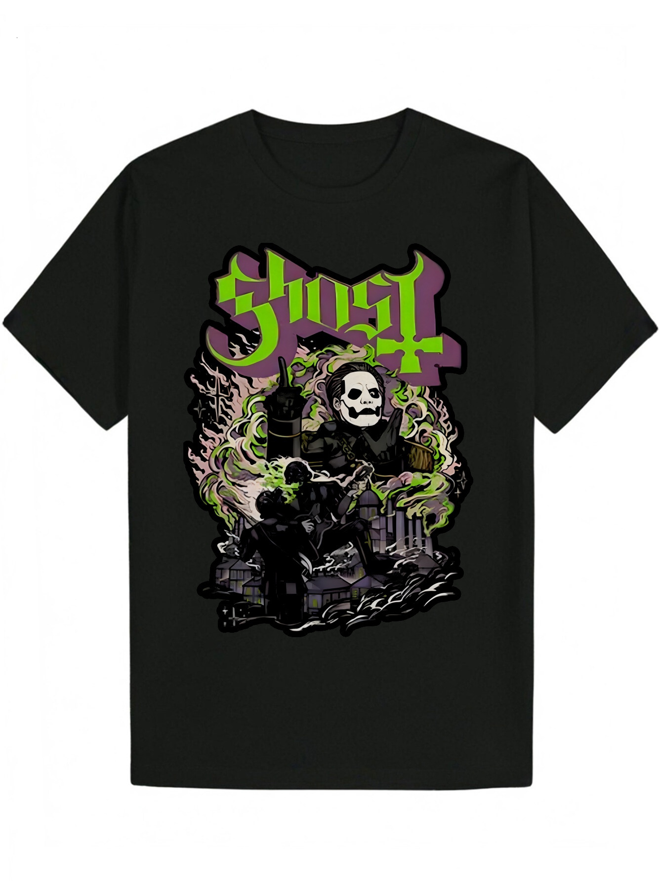 Men s Summer Casual Round Neck Polyester T Shirt with Gothic Skull and Flame Design