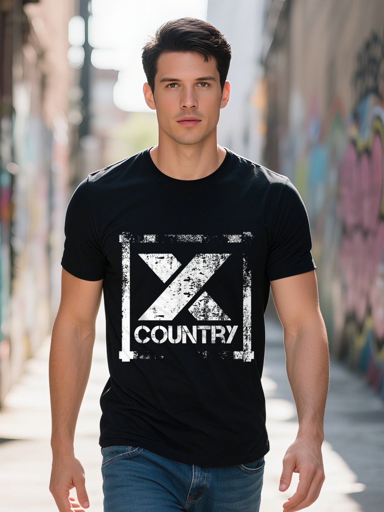 Men's Cross Country Crew Neck T-Shirt Cotton Knit Fabric with Slight Stretch Digital Heat Transfer Alphabet