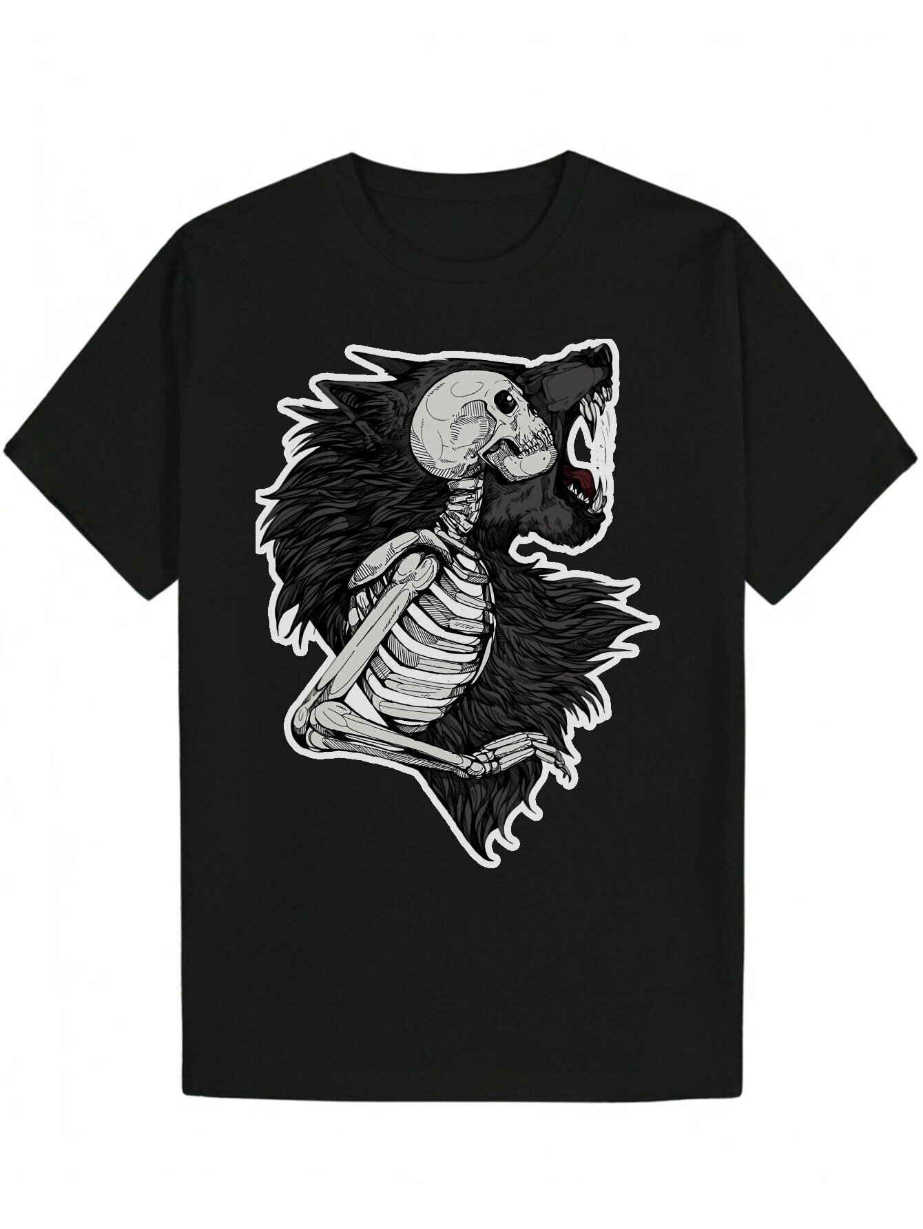 Men s Humorous Style Black T Shirt with Skull Wolf Pattern Casual Short Sleeve Polyester Machine Washable Perfect Summer Gift for Him