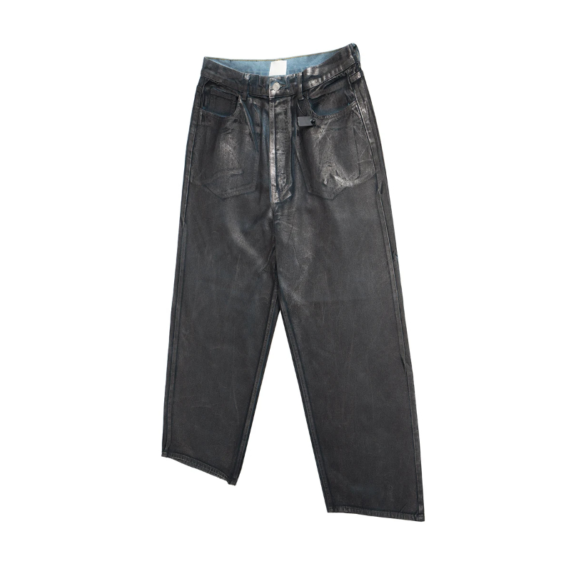 MIJKO Vintage Distressed Wax Coated Washed Baggy Jeans for Men and Women Black Casual Cargo Pants Oversized Ripped Denim Trousers