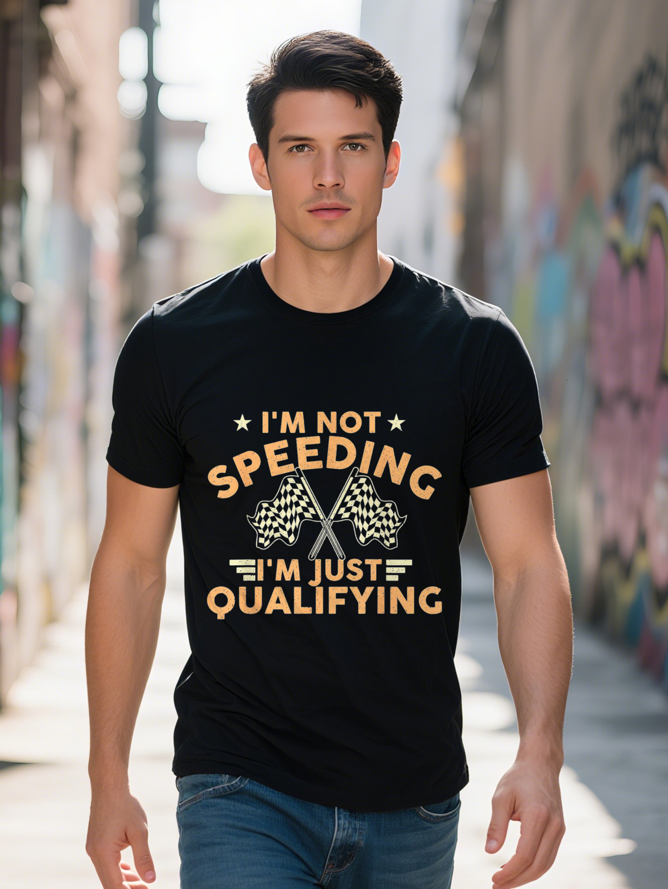 Men s Not Speeding I m Just Qualifying Graphic T-Shirt Cotton Short Sleeve Crew Neck Casual Fit Black