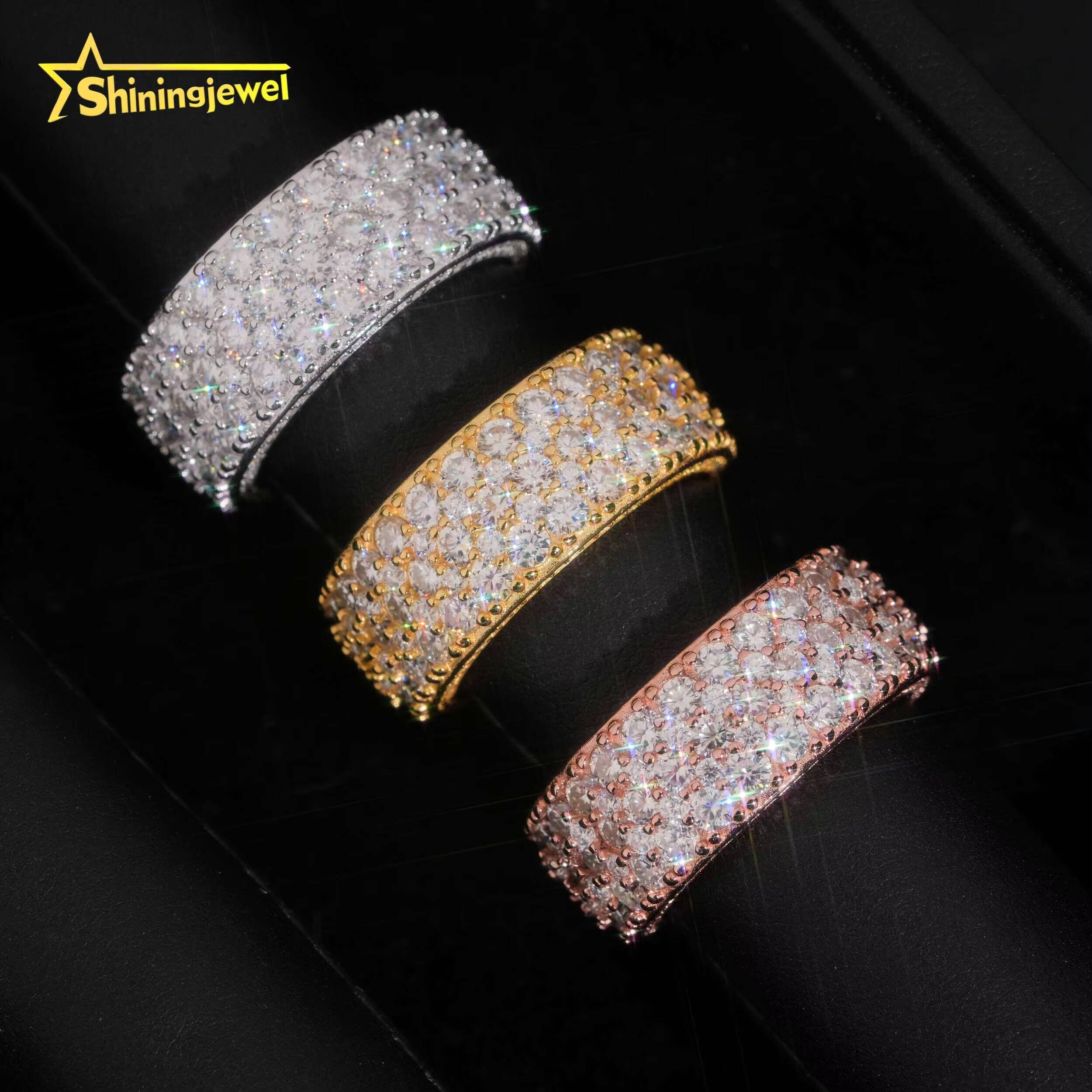 Luxury 3Rows Round Cut Diamond Fully Iced Out Band Ring VVS Moissanite Hop Jewelry 925 Sliver Gold Plated Mens Rings