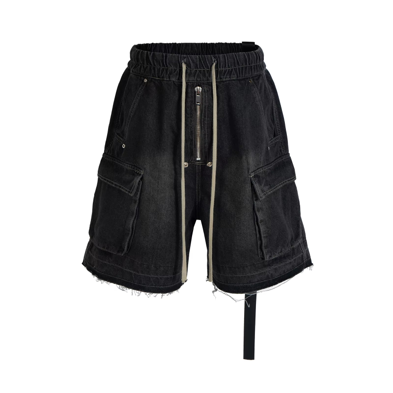 MIJKO Ro Style Ribbons Streetwear Multi-pockets Cargo Short for Men Elastic Waist Wide Leg Baggy Jeans Knee Length Pants Loose Overall