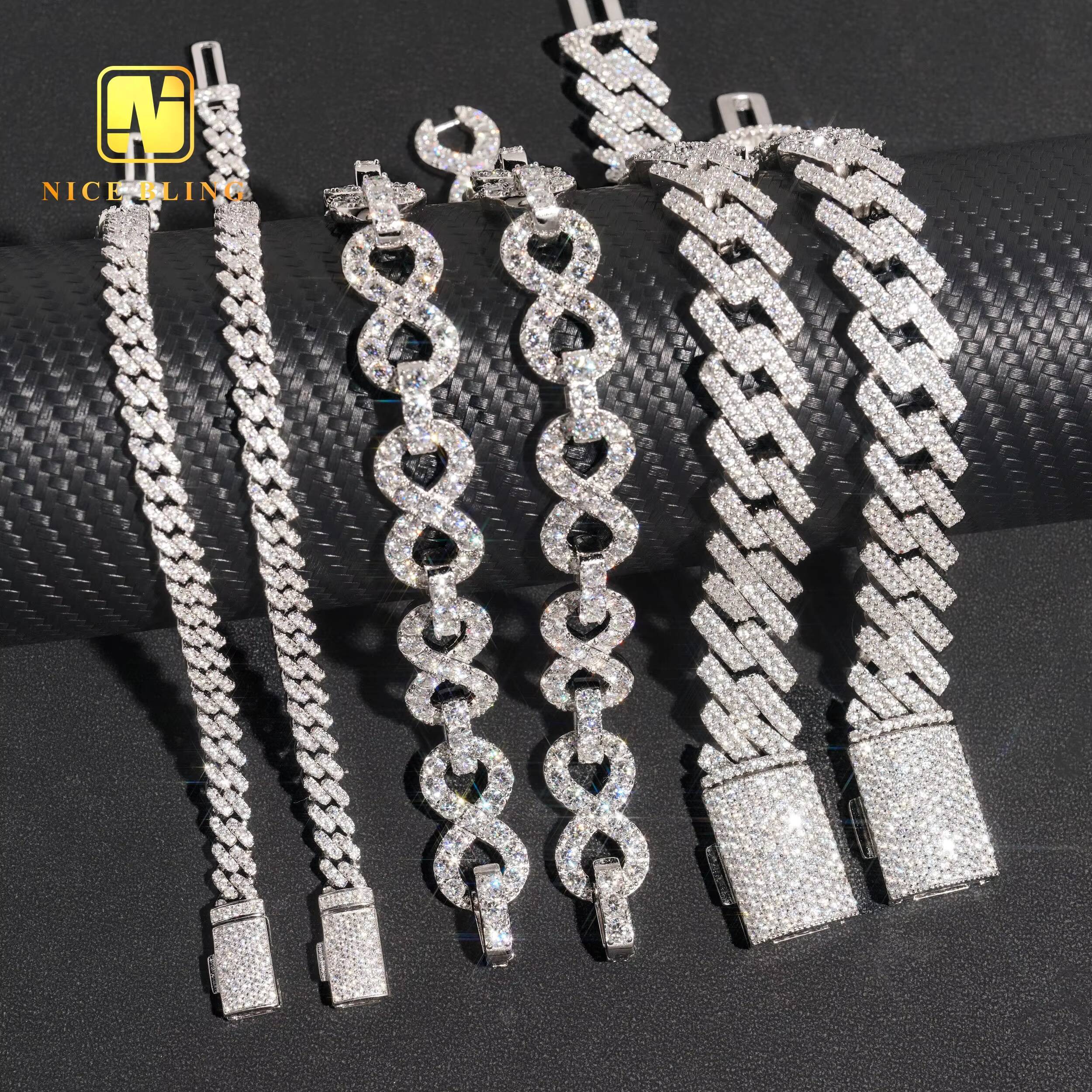 6mm 13mm 15mm Fashon Cuban Bracelets Iced Out Miami Cuban Link 925 Silver Moissanite Diamond Cuban Link Bracelets