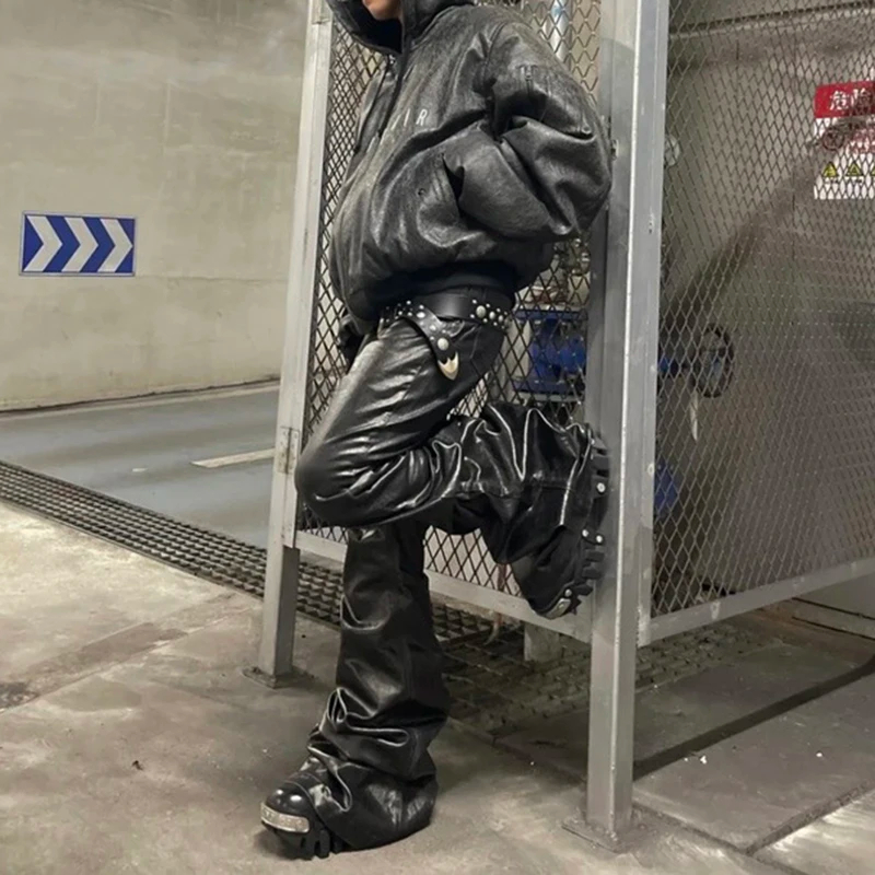 MIJKO High Street Wide Leg Glossy Pu Leather Pants Sashes Boot Cut Men and Wome Straight Baggy Casual Jeans Oversized Flared Trousers