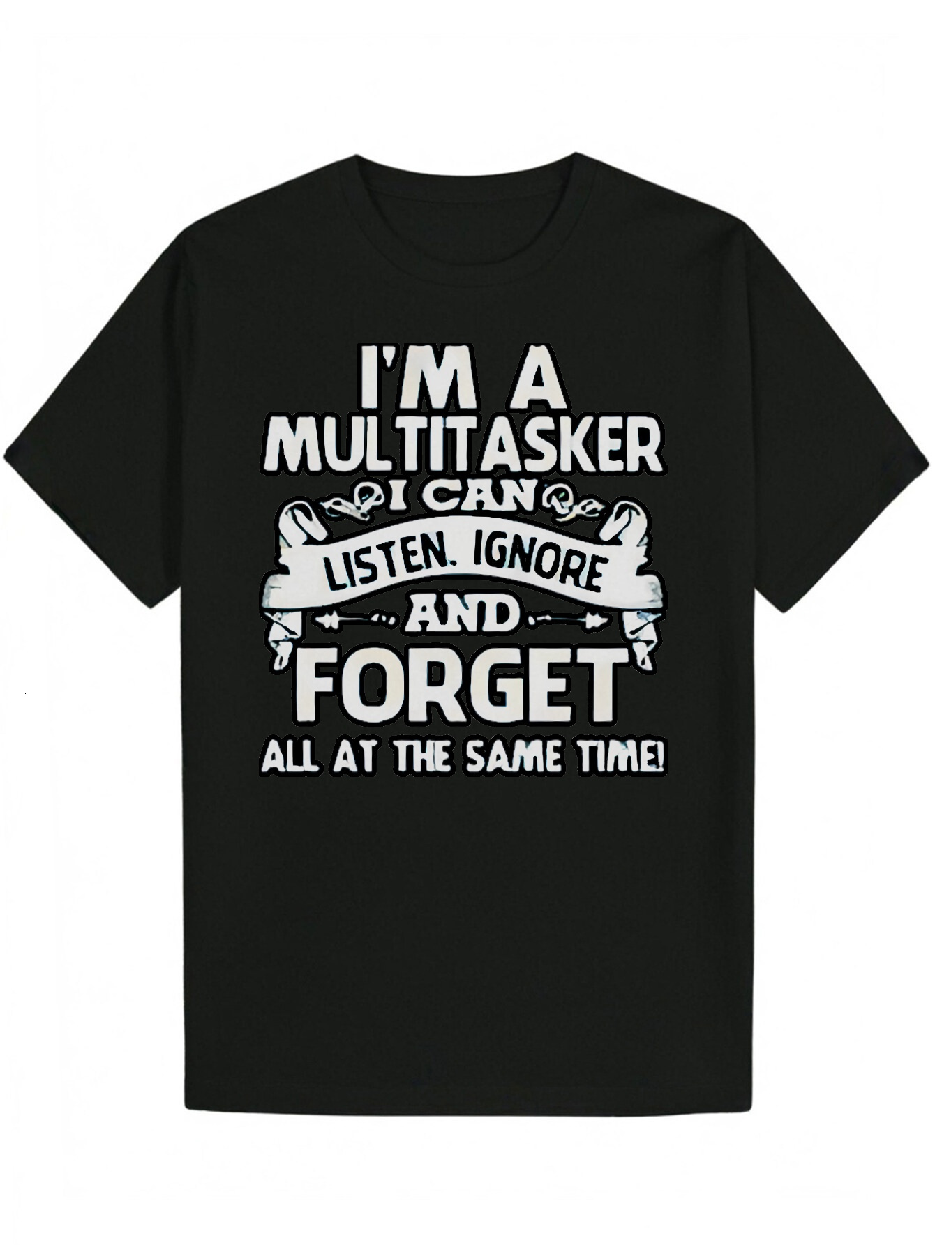 Men's Humorous Multi-Task Slogan Graphic T-Shirt - Black with White Letters, Lightweight Polyester Crew Neck Summer T-Shirt, Machine Washable Reg