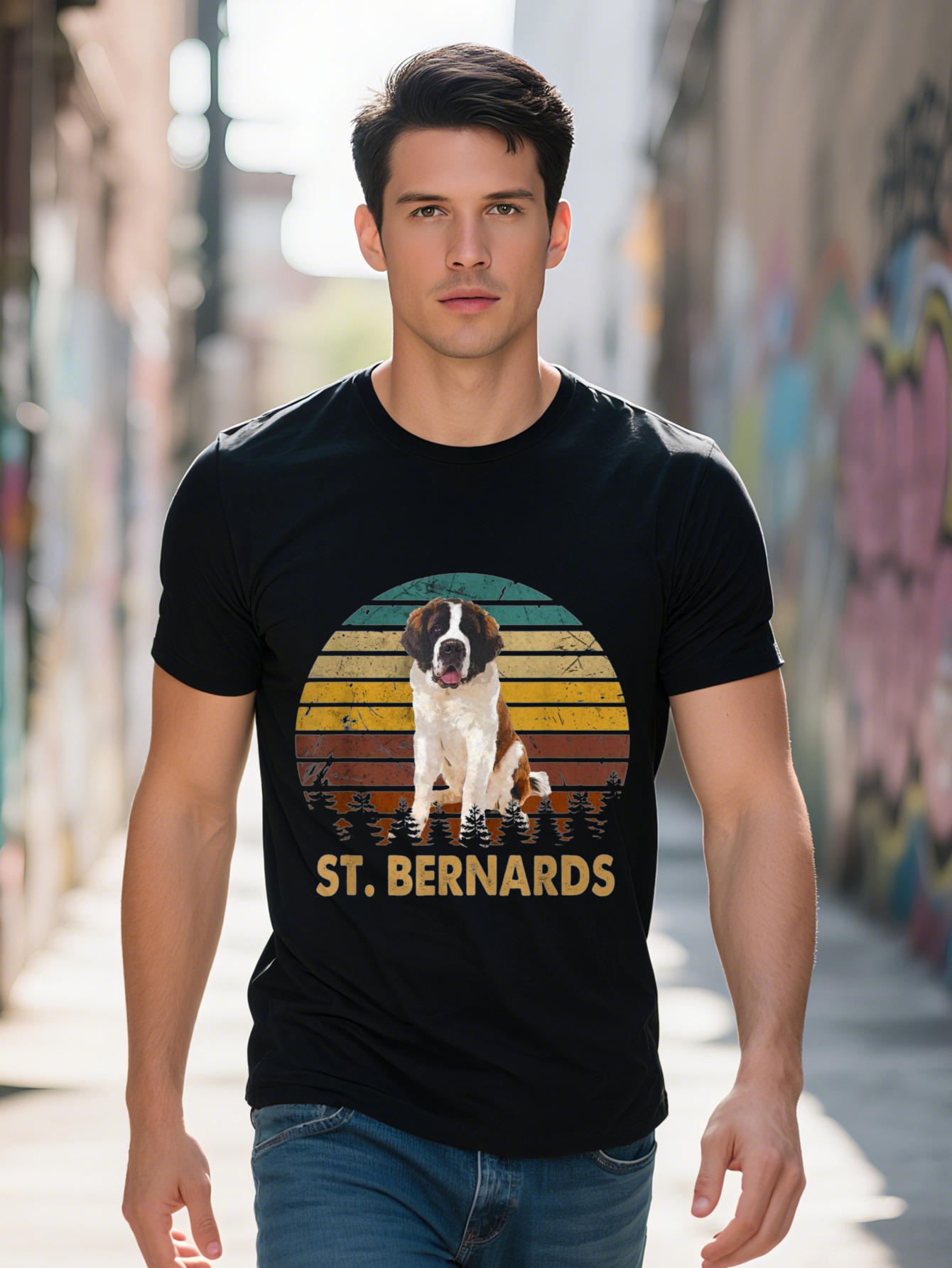 Men s Saint Bernard Dog Lover T-Shirt Cotton Short Sleeve Crew Neck Casual Fit Adorable Pet Print All Season