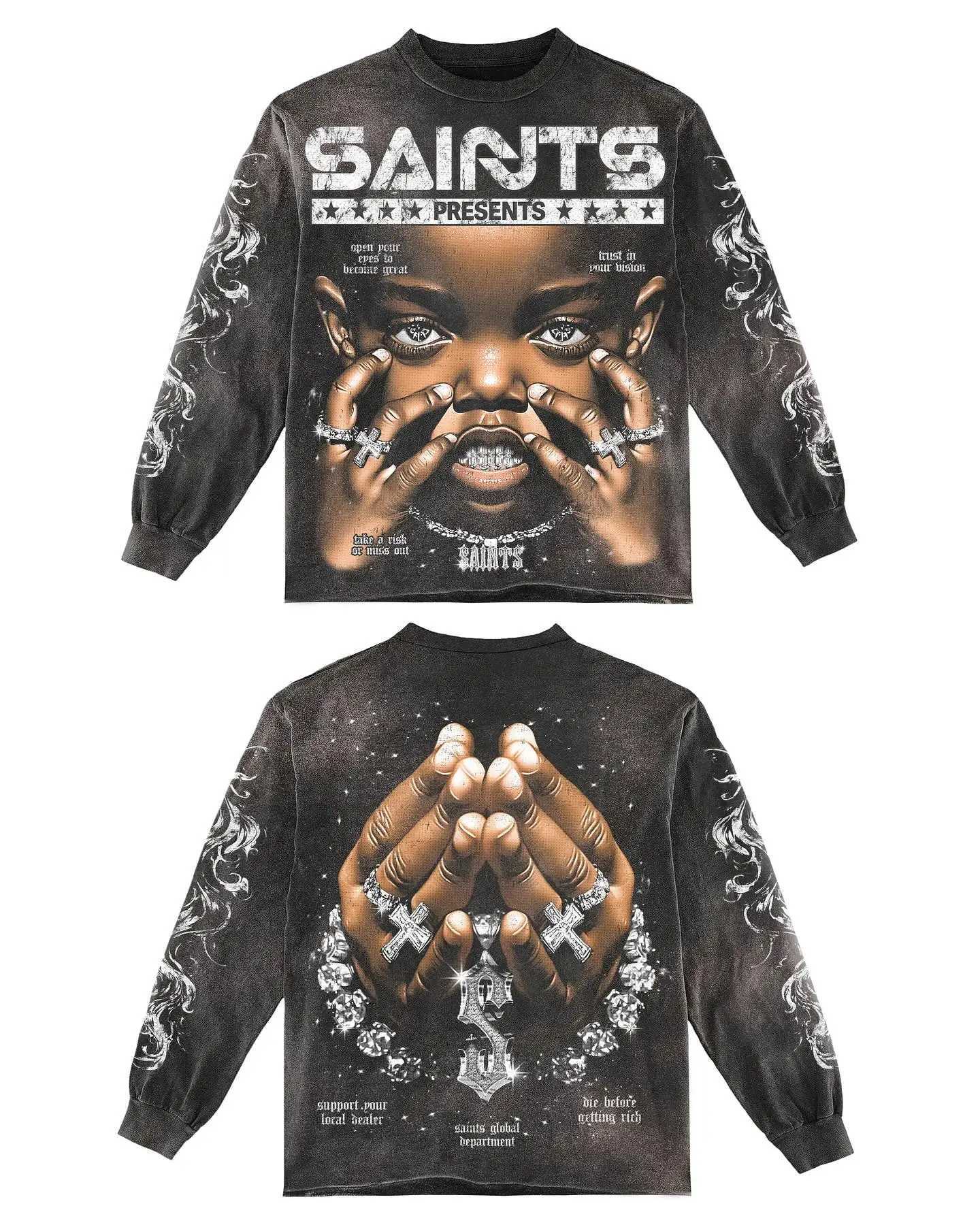 Motorcycle Skull Black Graphic T Shirts Y2K Streetwear Men Oversized T Shirt Retro Harajuku Crew Neck Cotton Long Sleeve Tops X250802