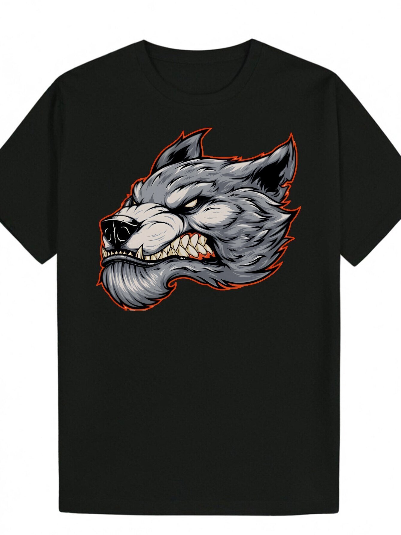 Men's Black Summer Casual T-Shirt with Fierce Wolf Pattern - Round Neck, Short Sleeve, Polyester Knit Fabric, Machine Washable