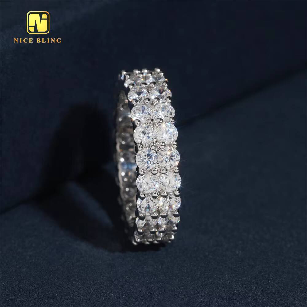 3MM Diamond Two Rows Ring Hip Hop CZ Rapper Brass 5A Cubic Zirconia Fine Jewelry Diamond Iced Out Ring for Men Daily Wear