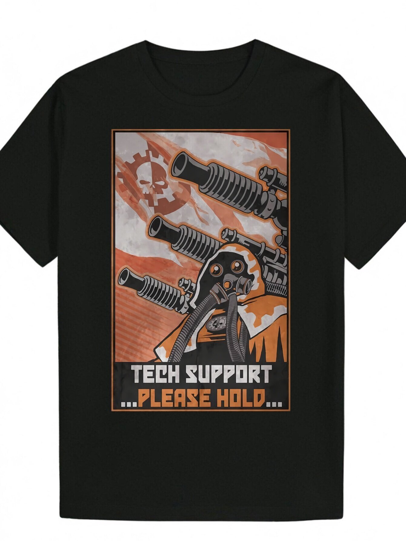 Men's Black Graphic T-Shirt with 'TECH SUPPORT' Print - Casual Polyester Short Sleeve T-Shirt, Machine Washable, Must-Have for Summer A