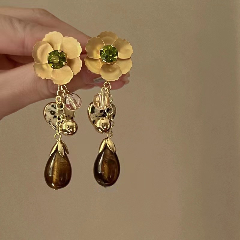 Women's Tassel Earrings, Silver-Plated Stainless Steel Dangle Jewelry with Green Shell Accents, Flower and Heart Charms, Minimalist Drop Earrings for  - view 9