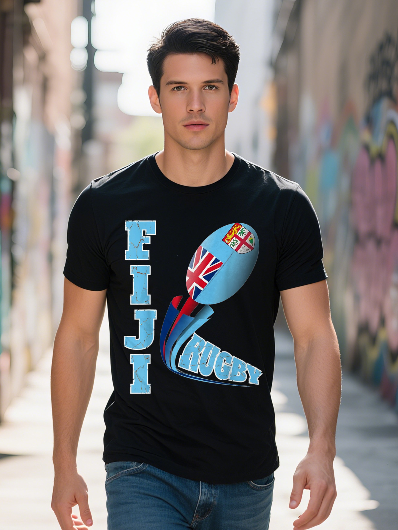 Fiji Rugby Fan Distressed Marbled Text Full Graphic T Shirt
