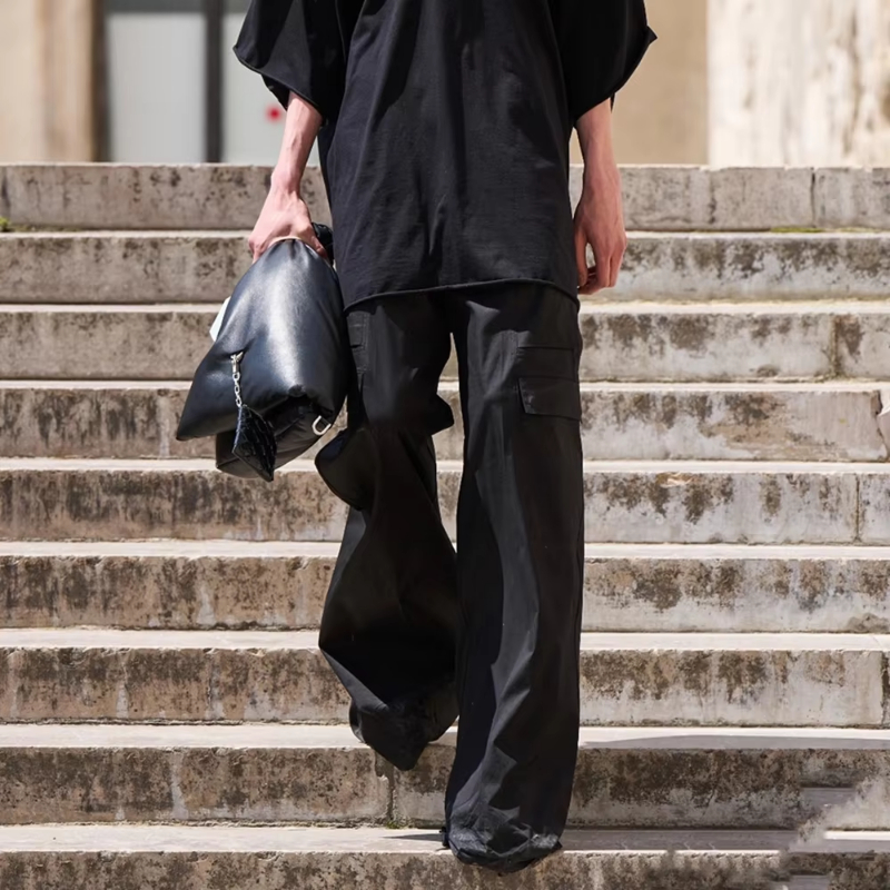 MIJKO Ro Style Wide Leg Drawstring Black Cargo Pants Unisex Straight Baggy Casual Overalls Men's Streetwear Loose Oversized Trousers