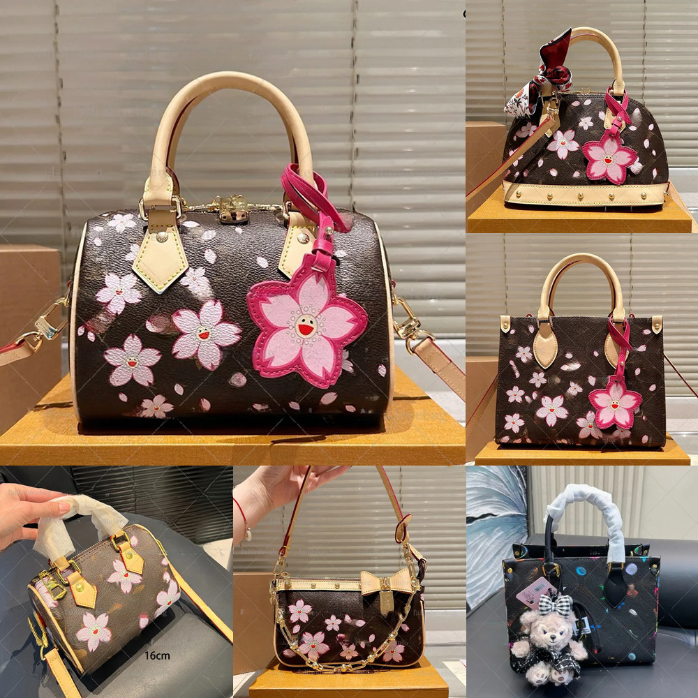 Designer Shoulder Bag, Pink Denim, Murakami Cherry, Slanted Blooming Handbag, Mini Chain For Womens Armpits, Fashionable Wallet