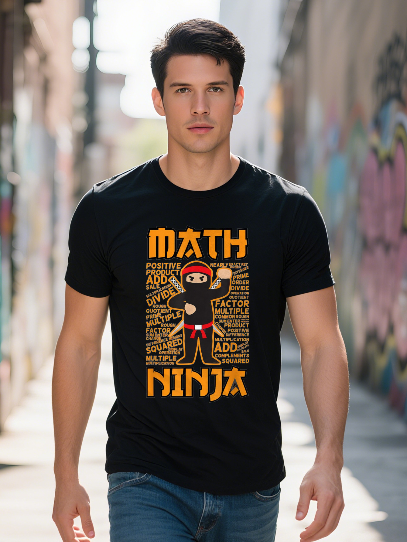 Men s Cotton T Shirt Funny Ninja Graphic Orange Black with Math Terms Casual Short Sleeve Crew Neck Tee