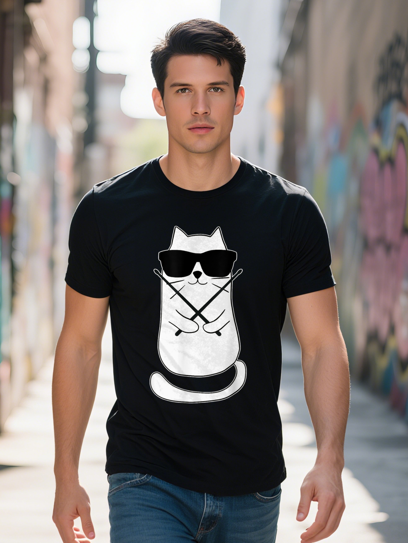 Men's T-shirt Cotton Funny Drummer Cat Drumming Set Drum Sticks Retro T Shirt