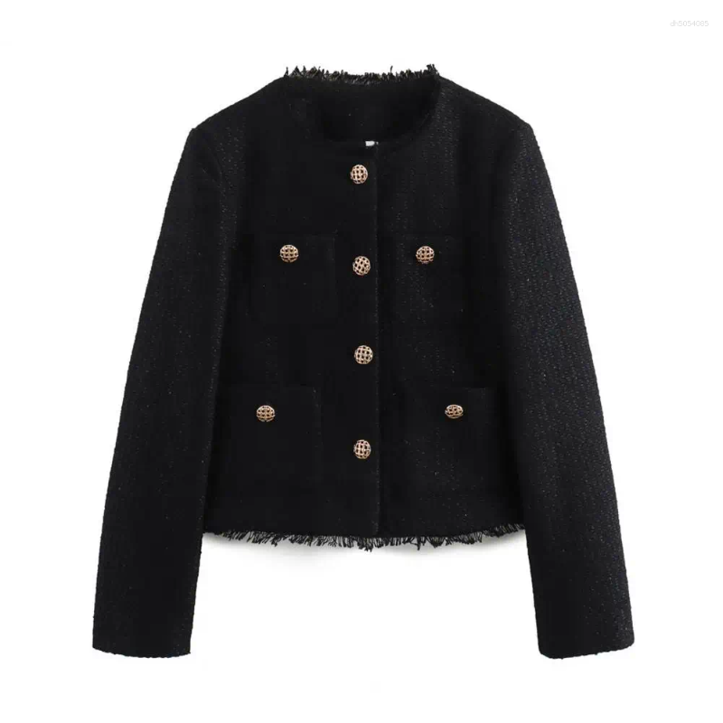 Women's Jackets Women Top With Gold Button Elegant Luxurious Party Ladies Jackets Closure Tweed Slim Fit Stylish Pockets For Business Spring - view 4