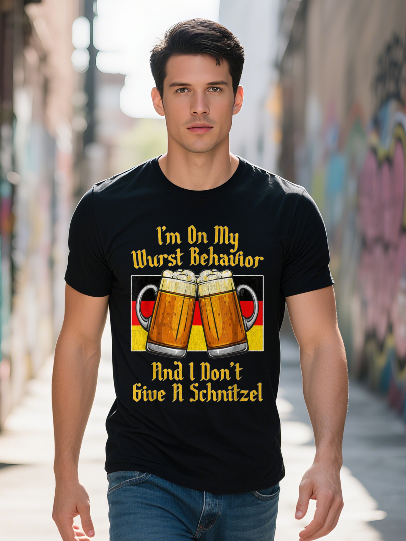 Men s m On My Worst Behavior I Don't Give A Schnitzel Graphic T-Shirt Black Short Sleeve Tee with German Beer Mugs