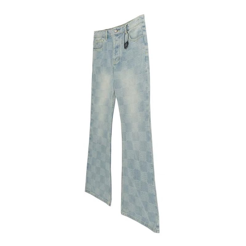 MIJKO High Street Checkered Micro Flared Jeans for Men Patchwork Straight Loose Boot Cut Oversized Casual Baggy Denim Trousers