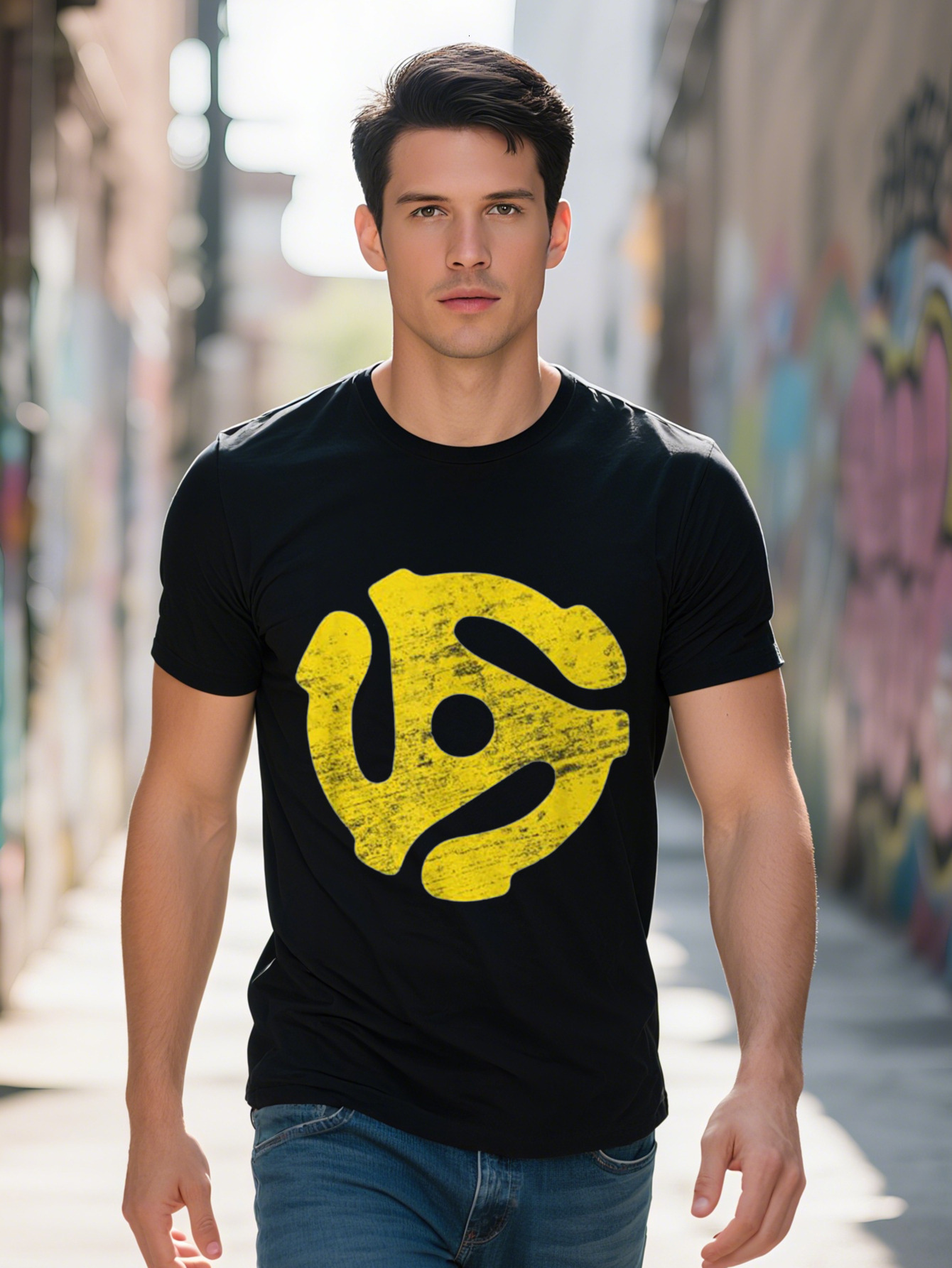 Black Cotton Men's T-Shirt Vintage Vinyl Record Player Graphic Casual Short Sleeve Crew Neck Ideal for and Back to fb3ab