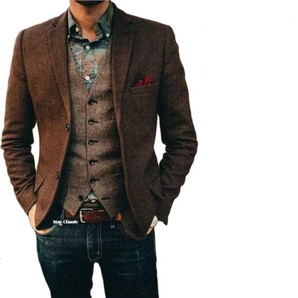 Mens Suit Brown Herringbone Blazer Prom Tuxedos Wool Tweed Single Breasted Two Buttons Business/Wedding Jacket Z250802