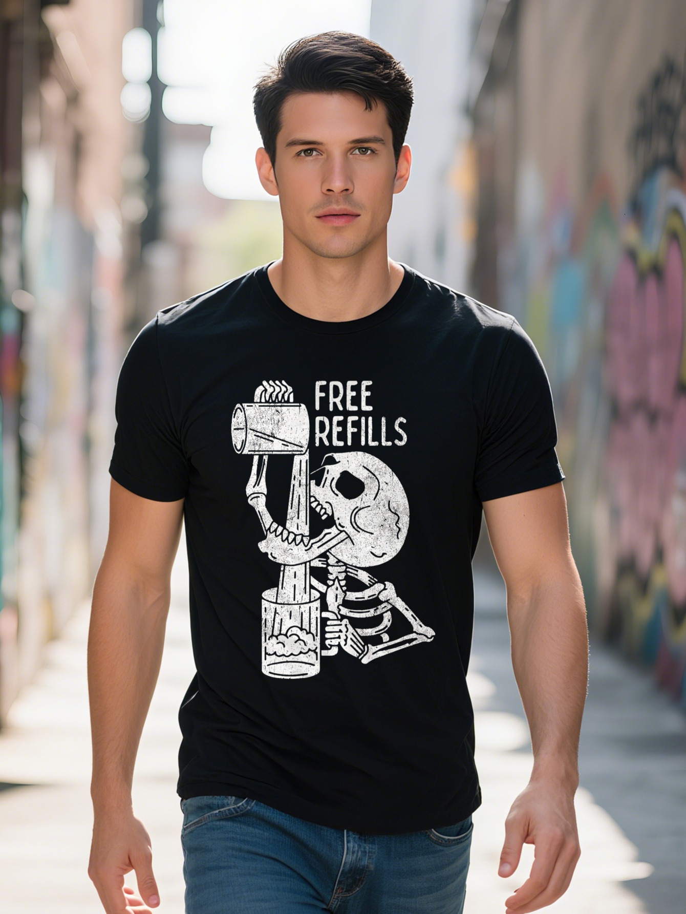 Free Refill Fun Halloween Drinking Skull Joke Men's Comfortable Casual Cotton T-shirt Links