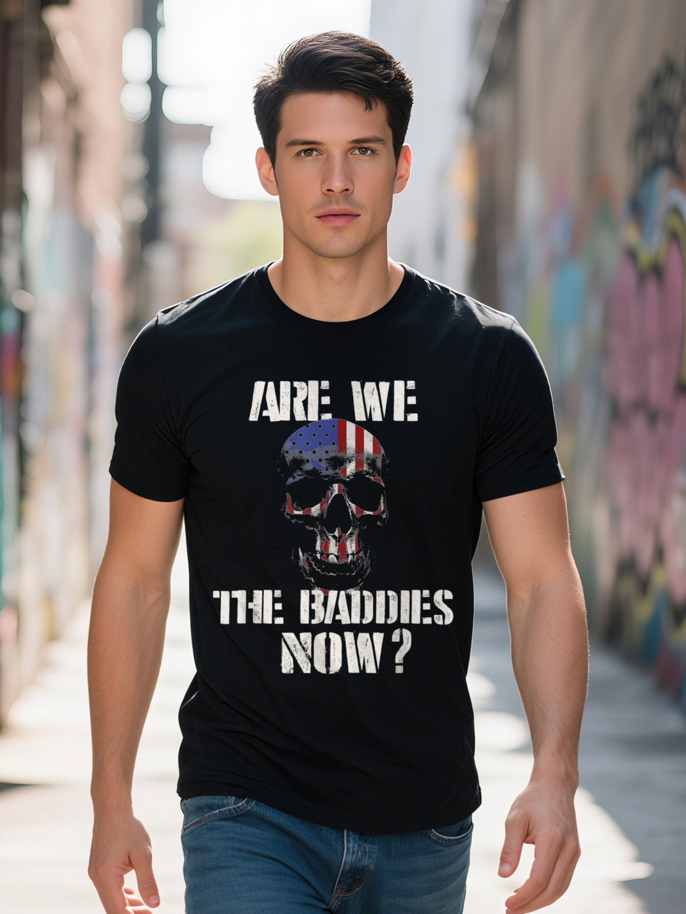 Men s g Cotton T Shirt Are We The Baddies Now Patriotic Distressed Flag Graphic Political Satire Protest