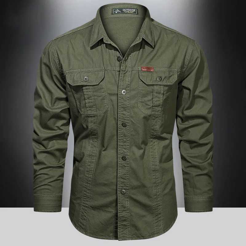 2024 Spring Cotton Cargo Shirt for Men Long Sleeve Multi-Pocket Shirts Outdoor Casual Clothing Military Overshirt Z250802