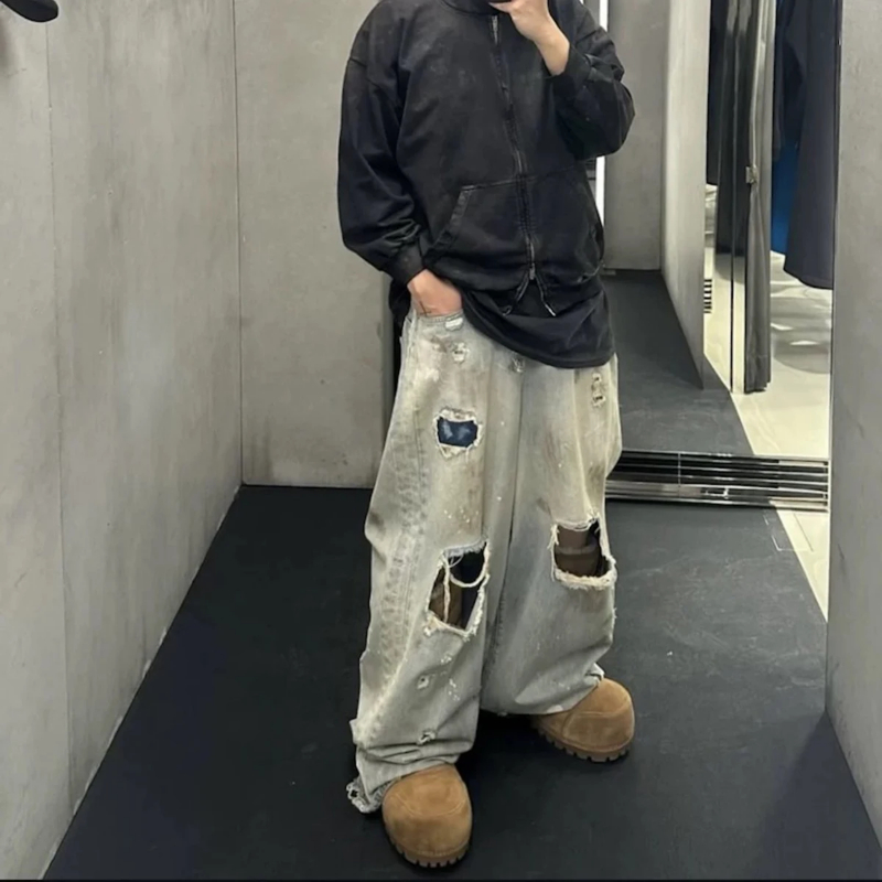 MIJKO Distressed Hole Ripped Mud Dyed Silhouette Baggy Jeans for Men Wide Leg Harajuku Loose Denim Trousers Oversized Casual Cargos