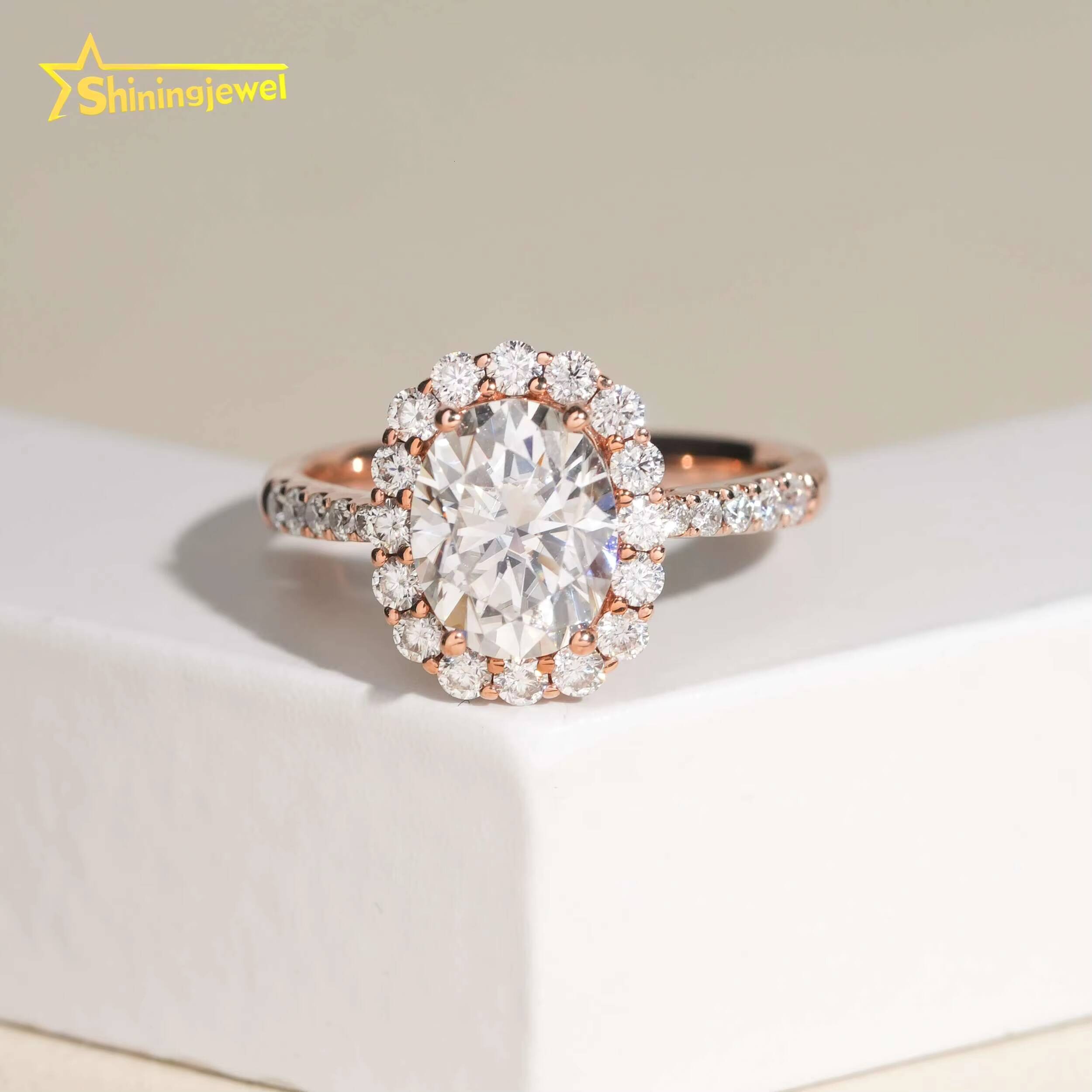 14K Solid Gold Women Ring Halo Rings Oval Cut Moissanite Engagement Rings for Women Pass Diamond Tester