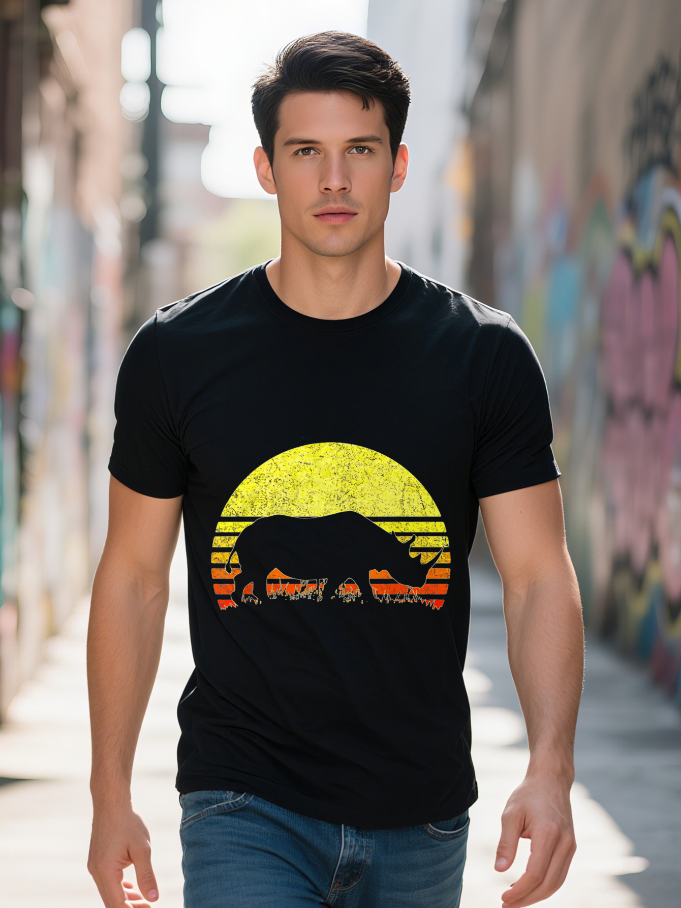 Men's Vintage Rhino Sunset T-Shirt Cotton Short Sleeve African Animal Design Black with Orange Yellow Gradient