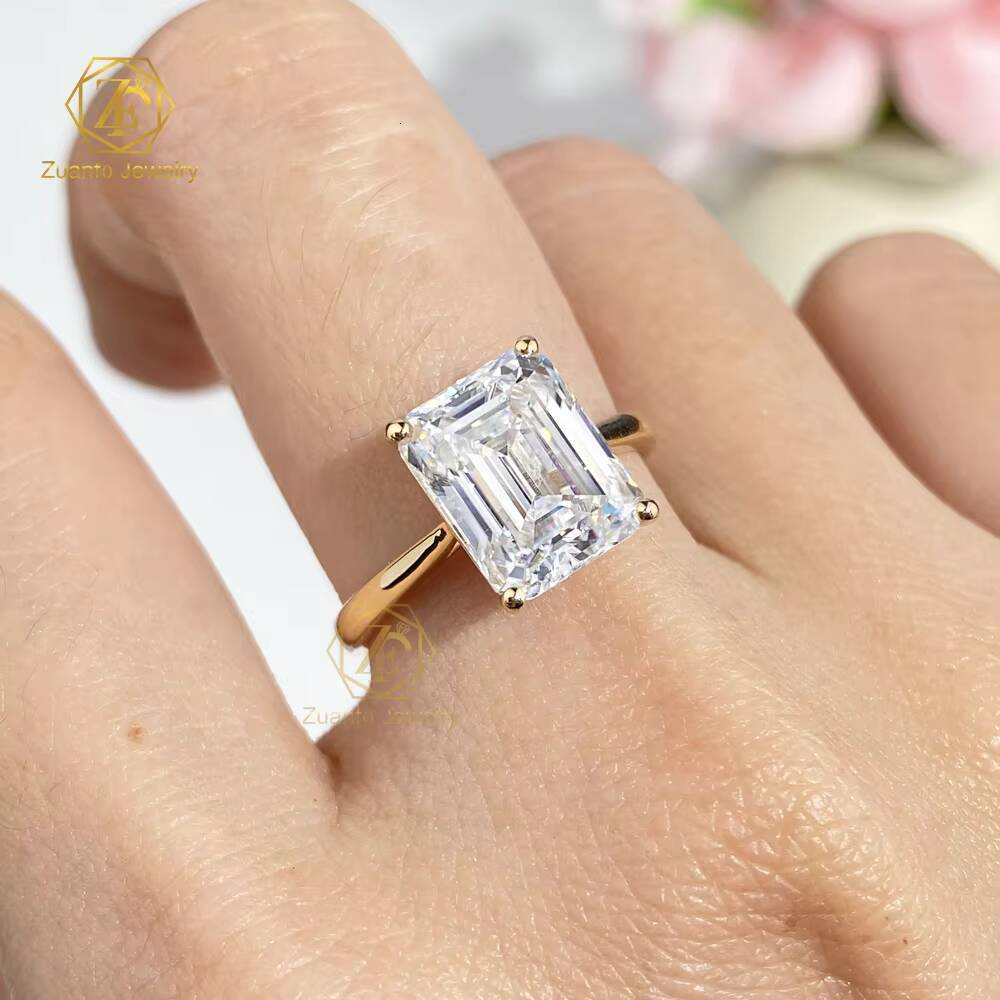 Wholesale Engagement Rings Jewelry Women VVS 4 Ct Emerald Moissanite Diamond 18k Karat Solid Real Yellow Gold