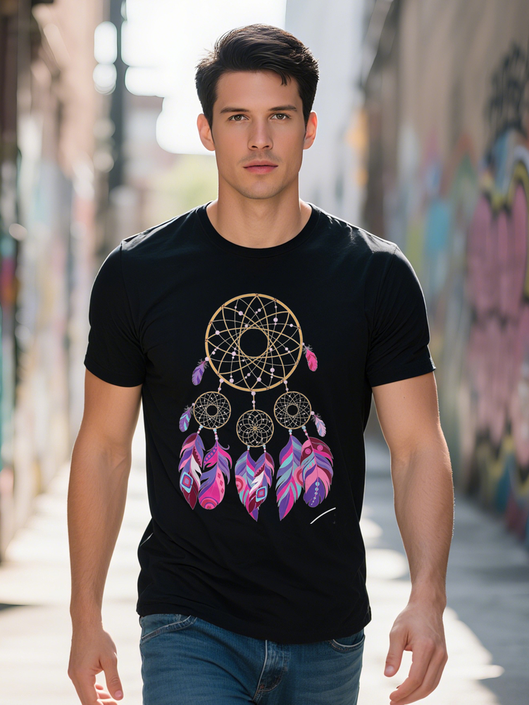 Men's Dreamcacher Graphic - Sof Coon, Shor Sleeve, Crew Neck, Black Boeing Feaher Design, Casual Wear, All-Season Clohing 80s Syle Coon Fabric,