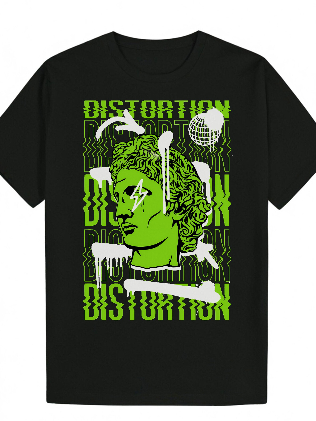 Men's Black Graphic Print T-Shirt - Summer Casual Crew Neck Polyester T-Shirt, Bold Green Distortion Design, Machine Washable, Comfortable for Ev