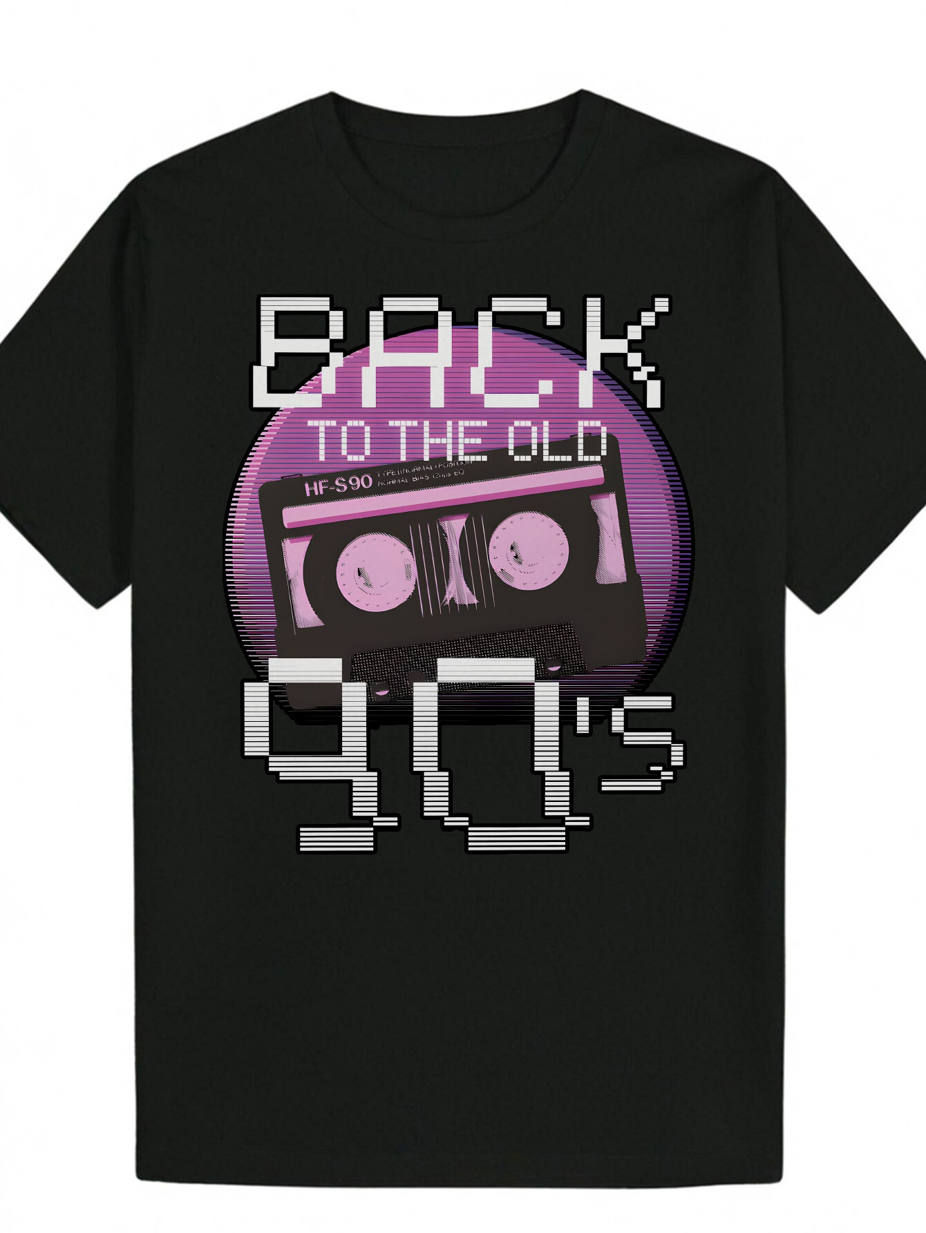 Men's 90s Graphic T-Shirt - Cassette Tape and Bold Letter Print, Black with Pink Accents, Breatha Polyester, Regular Fit Casual Summer T-Shirt, M