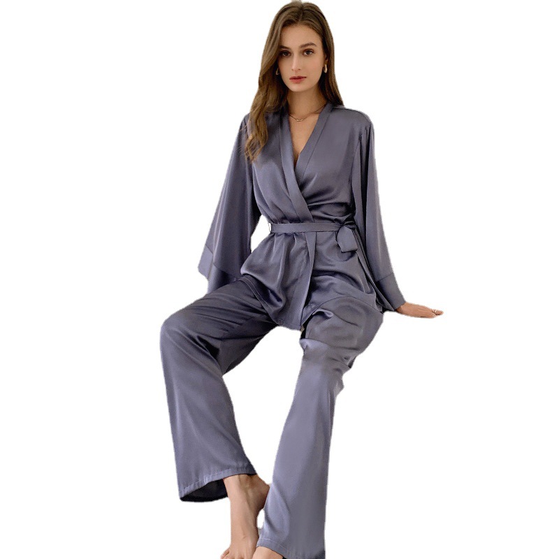 Women's long-sleeved satin chiffon pajamas, French-style ice silk home clothes long-sleeved top and long pants set