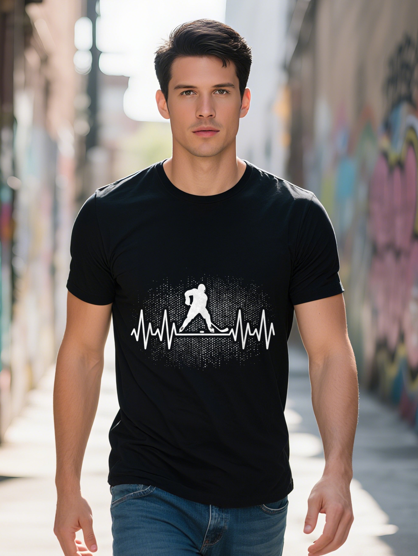 Men s Cotton T Shirt Ice Hockey Heartbeat Graphic Black Tee with Player Silhouette Short Sleeves is ideal