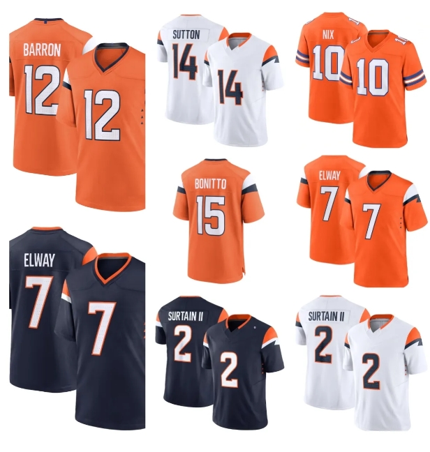 Men's Broncose 12 Barron 2 Surtain II 10 Nix 7 Elway 14 Sutton 9 Hufanga 57 Dre Greenlaw 15 Bonitto 49 Singleton 77 Meinerz 19 Mims Jr. American Broncosjersey 22